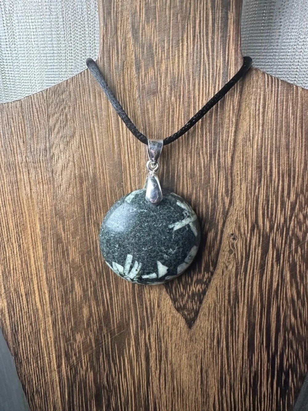 Round Chinese Writing Stone Pendant Necklace on Black Rope, Sterling Silver